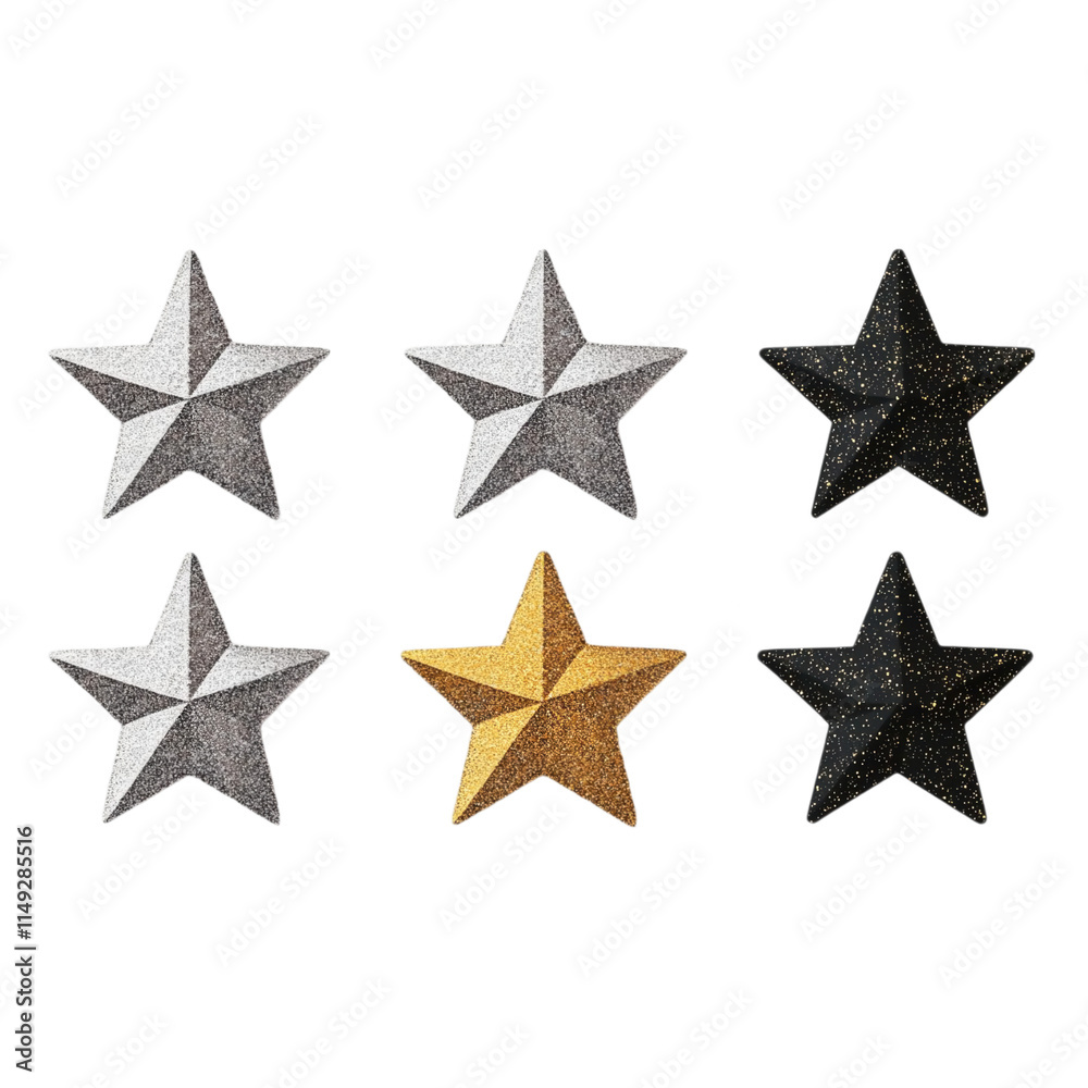 A collection of decorative stars in silver, gold, and black arranged in two rows, showcasing various textures and finishes. A collection of decorative stars in silver, gold, and black arranged in two rows, showcasing various textures and finishes.