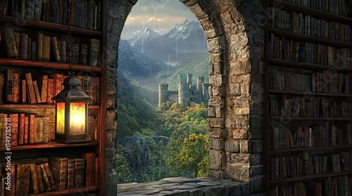 Medieval stone window with a view of a distant castle on a lush green hill  
Seamless looping 4k time-lapse virtual video animation Generated AI
