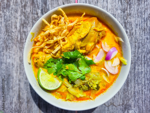 Thai food, Northern Thai Curry Noodles with Chicken photo