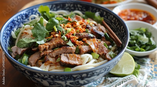 Freshly prepared spicy noodle salad with meats and a rich chili sauce photo