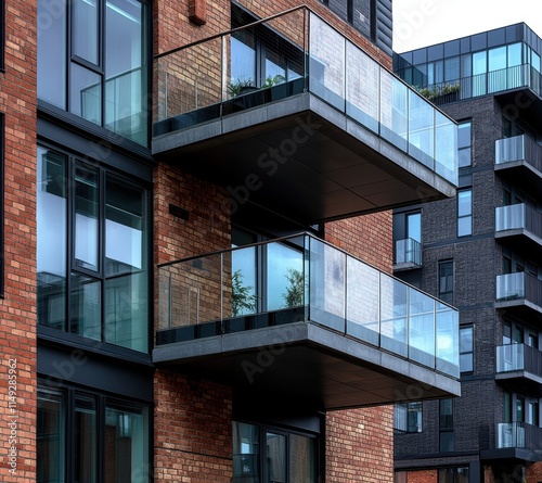 This image captures contemporary apartment architecture with sleek glass balconies and brick facades, showcasing a blend of traditional and modern design elements in urban living spaces.