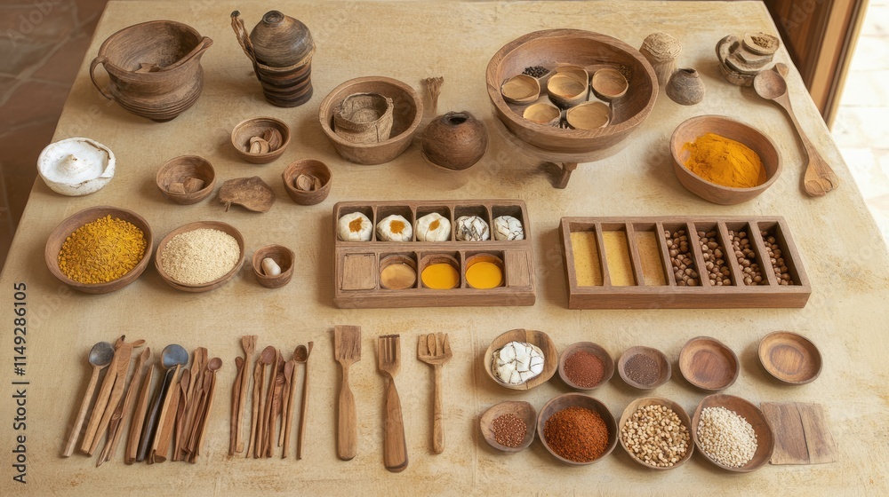 Rustic Collection of Spices and Cooking Utensils on Wooden Table Rustic Collection of Spices and Cooking Utensils on Wooden Table