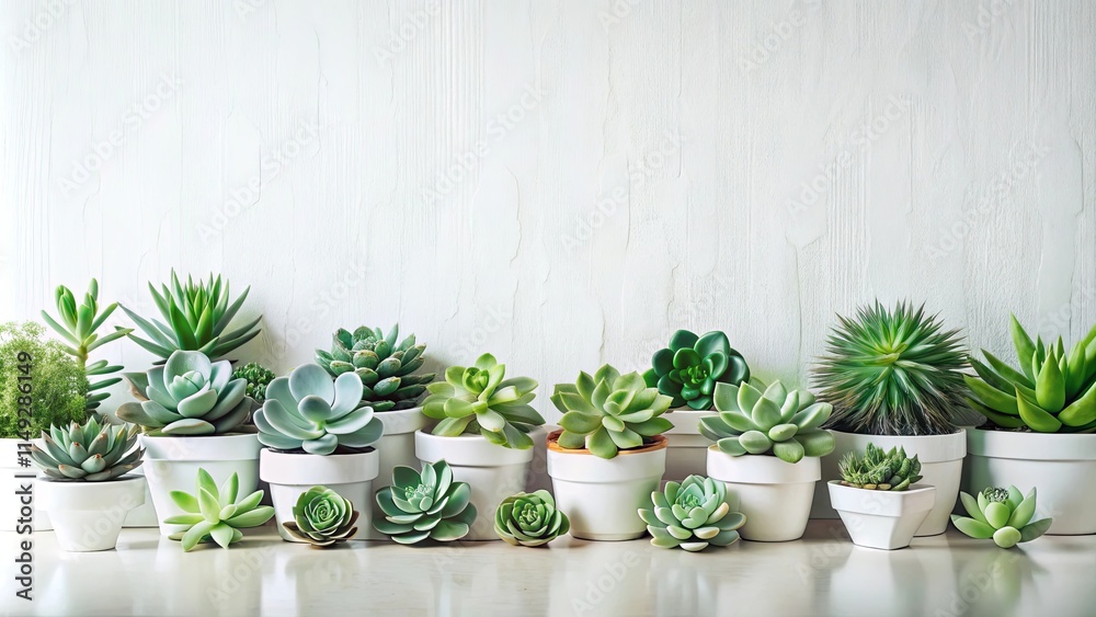 Fototapeta premium A Serene Collection of Lush Green Succulents in White Pots Against a Textured White Wall