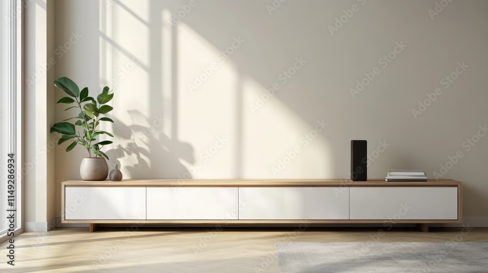 Fototapeta premium Simple minimal cabinet for tv interior wall mockup