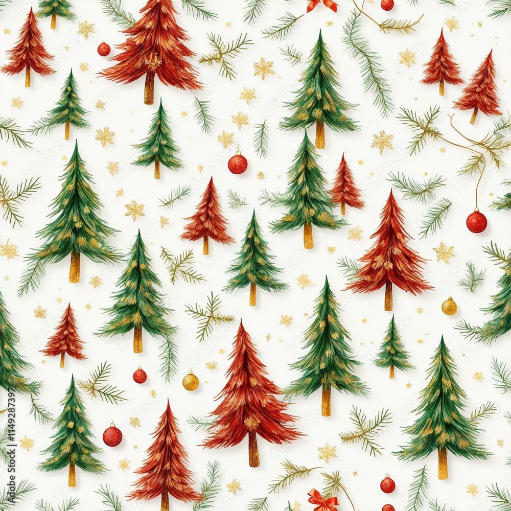 Obraz premium marry christmas and happy new year cute pastel golden red tree pattern seamless wrapping paper concept vector illustration hd white backdrop background wallpaper 