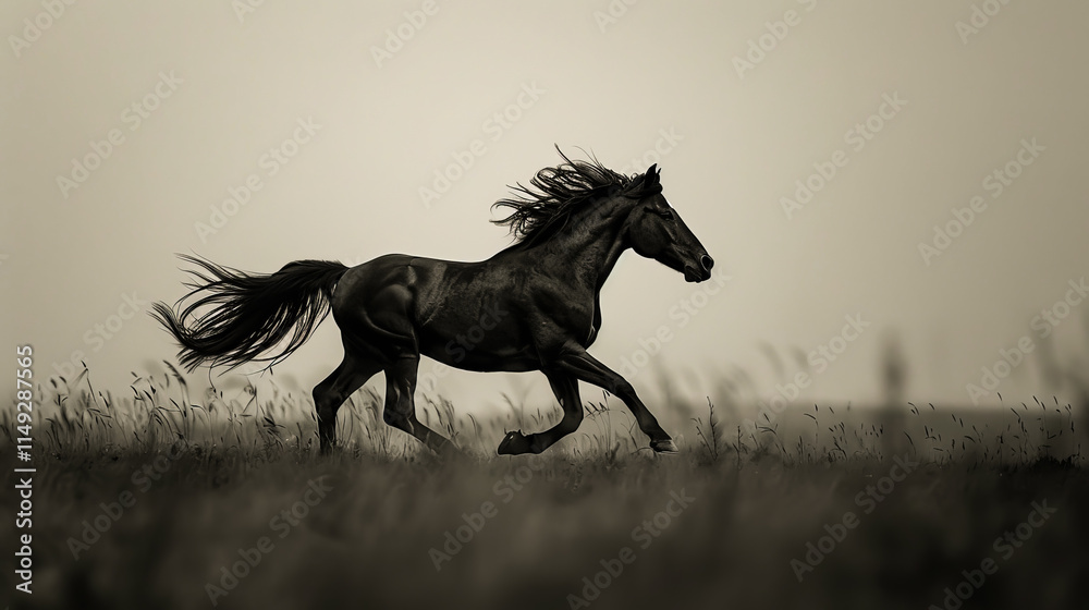 Silhouette of a black horse galloping across a serene meadow at sunrise showcasing freedom and beauty Silhouette of a black horse galloping across a serene meadow at sunrise showcasing freedom and beauty