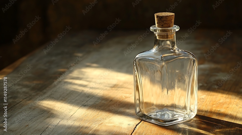 Transparent bottle with soft reflections on a classic wooden table Transparent bottle with soft reflections on a classic wooden table