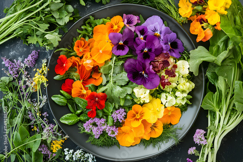 A beautifully plated with vibrant colors, surrounded by fresh herbs and edible flowers. photo