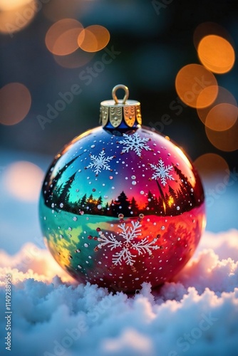 Colorful glassblown Christmas ball ornament with sparkling details on a snowy surface, ornament, glaze photo