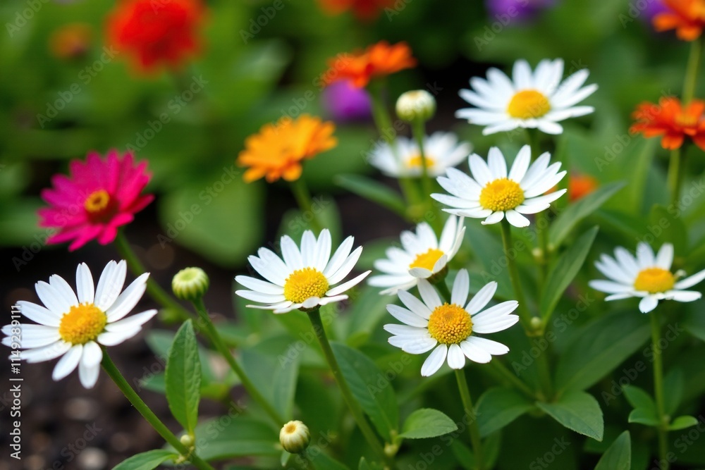 Daisies growing in a border with other flowers and foliage, colorful flowers, outdoor decor Daisies growing in a border with other flowers and foliage, colorful flowers, outdoor decor