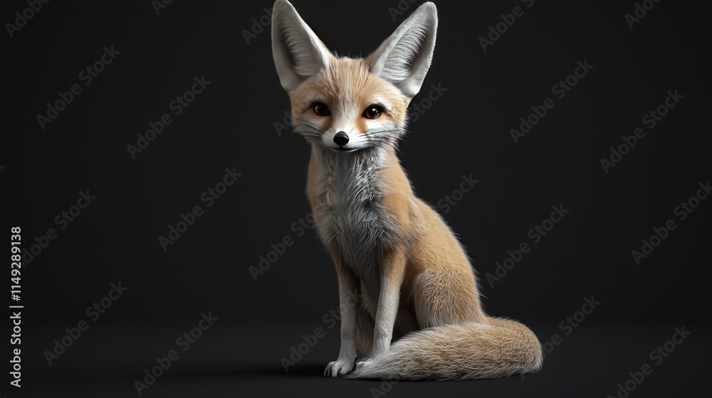 Adorable full-body pose of a playful young fox with large ears looking curiously towards the viewer in a simple dark background Adorable full-body pose of a playful young fox with large ears looking curiously towards the viewer in a simple dark background