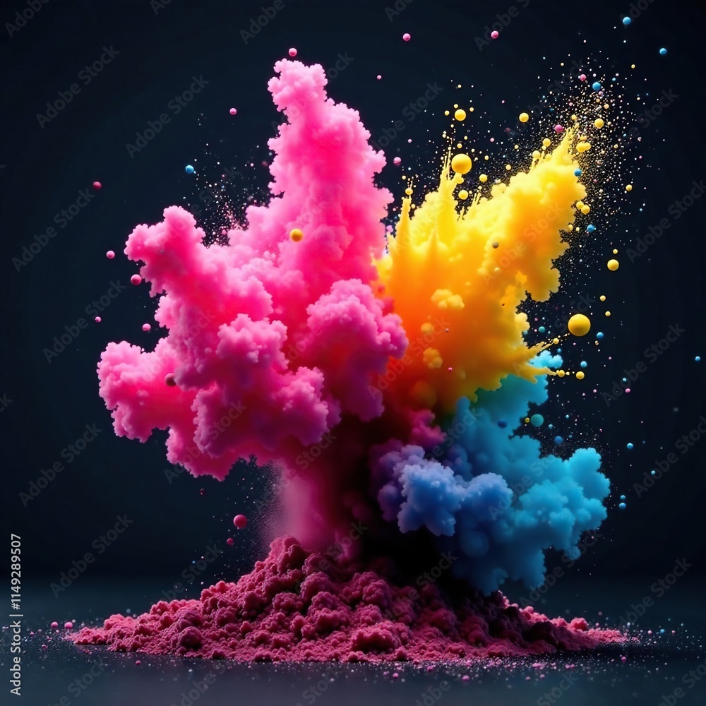 Explosion of multicolored dust against a dark background, explosion aftermath, colored fragments Explosion of multicolored dust against a dark background, explosion aftermath, colored fragments