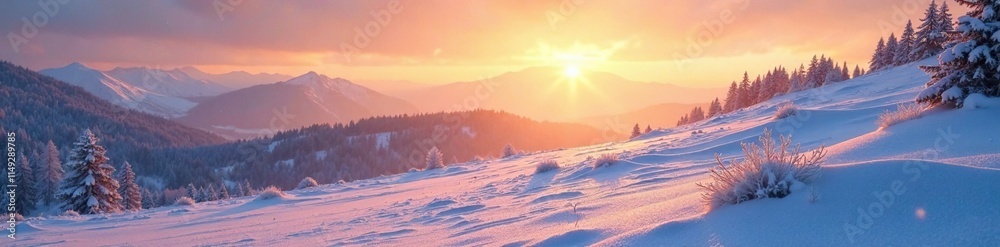 Frosty morning with pale orange sunrise casting long shadows on icy hills and trees, cold weather, pale orange sunrise, winter landscape
