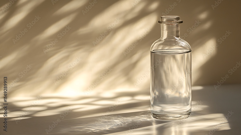 Upright clear bottle on a polished surface with soft shadows Upright clear bottle on a polished surface with soft shadows