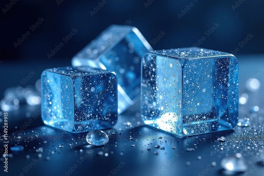 Glittering large ice cubes on a dark blue background, heavy, glittering ice Glittering large ice cubes on a dark blue background, heavy, glittering ice