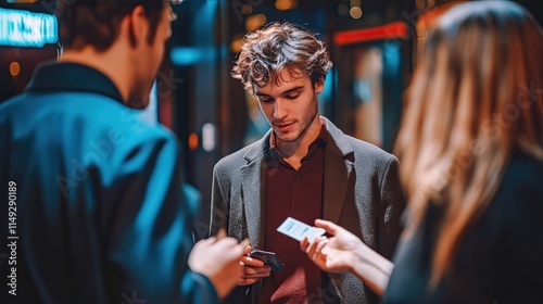 Night Out:  A young man receives tickets from a woman, anticipation and excitement fill the air as they prepare for a night of entertainment.