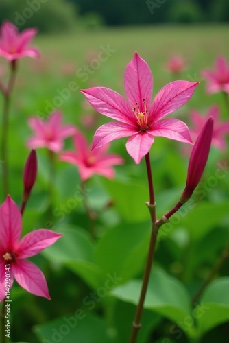 Pink Arachnothryx leucophylla blossoms in a field of greenery, blossoms, greenery