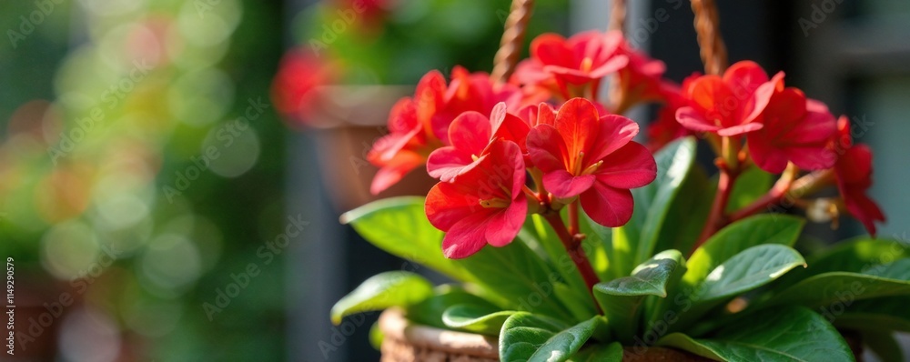 Red Kalanchoe blooms with green foliage in a hanging basket, low maintenance, indoor plants, home decor Red Kalanchoe blooms with green foliage in a hanging basket, low maintenance, indoor plants, home decor