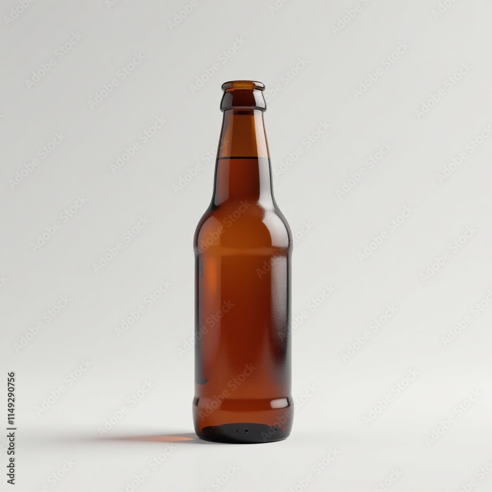 Single empty glass beer bottle on a minimalist white background, drink container, glass bottle Single empty glass beer bottle on a minimalist white background, drink container, glass bottle