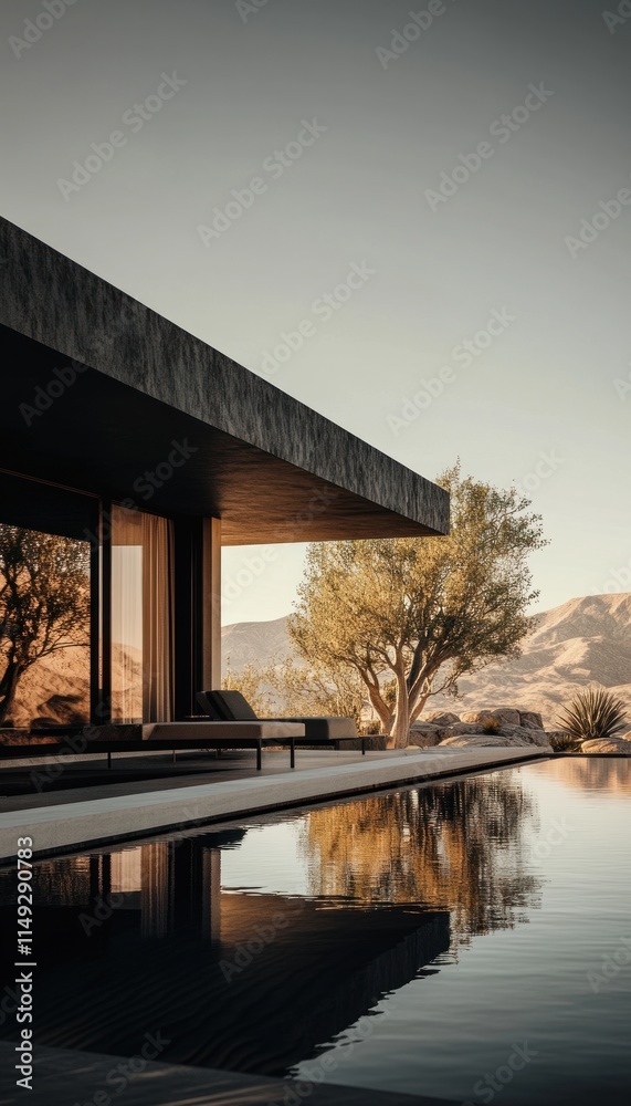 Fototapeta premium Modern minimalist house with infinity pool reflecting sunset.