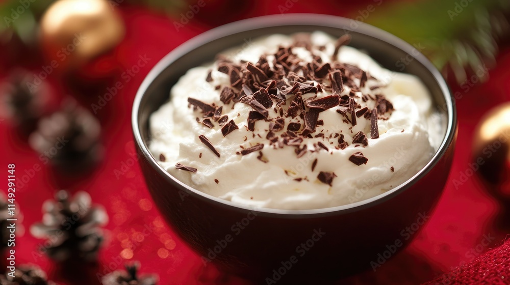 A bowl of whipped cream topped with chocolate shavings, placed on a festive red tablecloth. A bowl of whipped cream topped with chocolate shavings, placed on a festive red tablecloth.