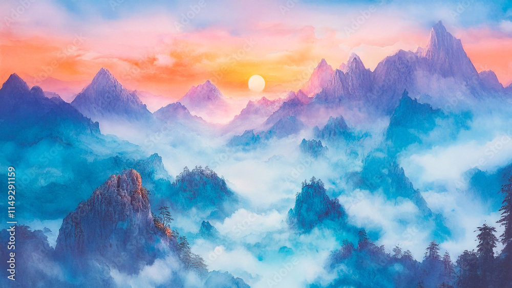 Fototapeta premium An artistic painting of the mountains with a sunset. Mountains drawing pink blue fog sun paint. A painting of a sun drawing in lifestyle fog.