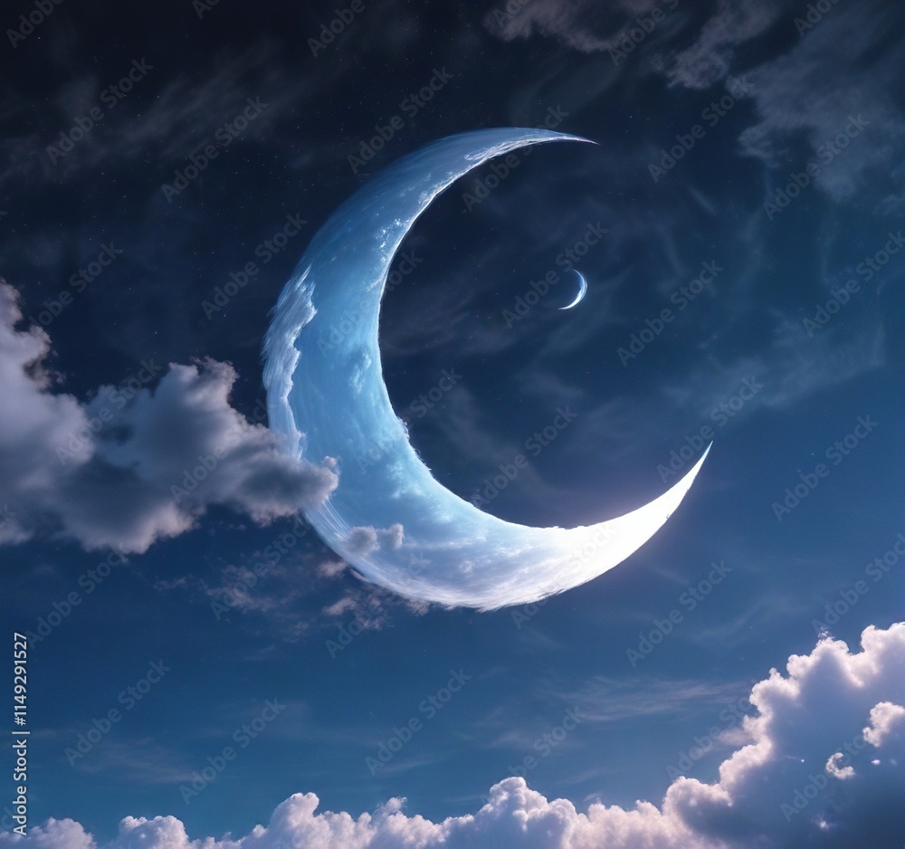 Obraz premium Vibrant blue canvas with soft wispy clouds drifting lazily across the sky and a bright white crescent moon peeking through , wispy, lazy