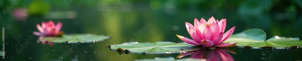 A serene pond with water lilies and lotus flowers, flower, peaceful