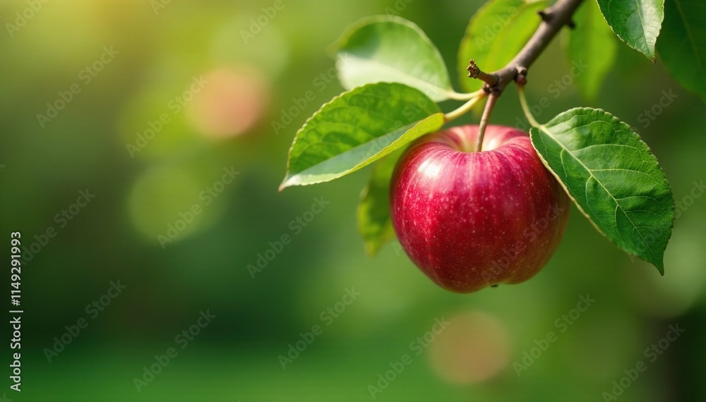 A single red apple on a branch of an apple tree with leaves, trees in bloom, botanical garden A single red apple on a branch of an apple tree with leaves, trees in bloom, botanical garden