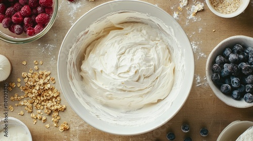 A bowl of whipped cream surrounded by ingredients for a parfait, like granola and berries.