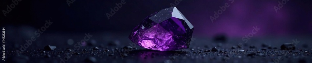 Obraz premium Dark purple amethyst gemstone on a glossy black background, dark purple, night sky, black background