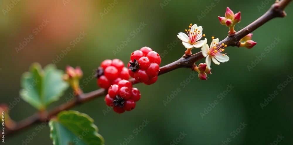 Individual barberry berries on a thin twig with some small leaves and flowers nearby, flowers, blossom Individual barberry berries on a thin twig with some small leaves and flowers nearby, flowers, blossom
