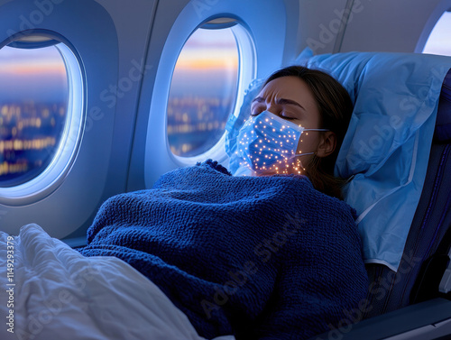 Norovirus COVID virus prevention. A passenger sleeps on a plane, wearing a glowing mask, with city lights visible through the window.
