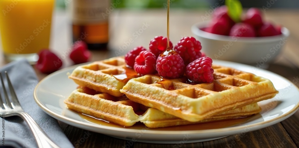Morning breakfast scene with a plate of crispy waffles topped with fresh raspberries and maple syrup, morning, dining table Morning breakfast scene with a plate of crispy waffles topped with fresh raspberries and maple syrup, morning, dining table
