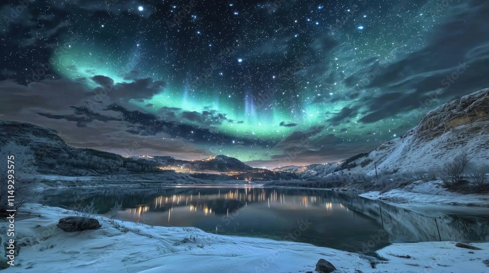 Fototapeta premium Enchanting aurora lights create a mesmerizing winter landscape.