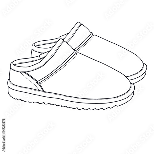 Women's Mules Slip-On House Slippers with Memory Foam and Faux Shearling shoes Line art, Technical sketch hand drawing outline vector doodle side view isolated on white background for coloring page