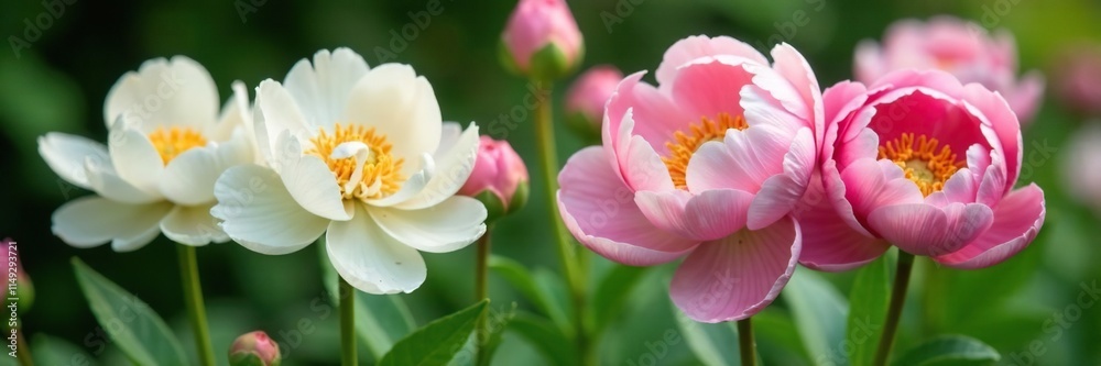 Pink and white peonies with green leaves and stems in a garden, garden, peonies Pink and white peonies with green leaves and stems in a garden, garden, peonies