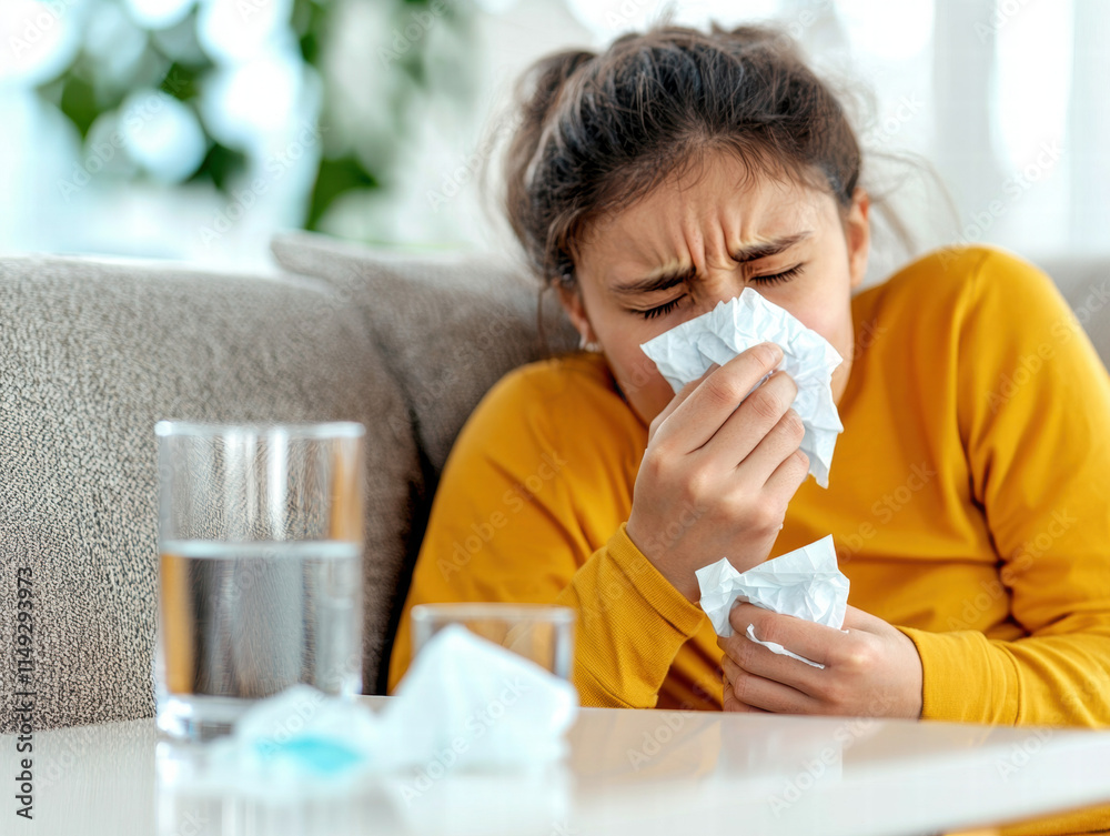 Norovirus COVID virus prevention. A girl in a yellow shirt sneezes into a tissue, looking unwell and sitting on a couch.