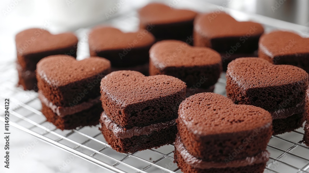 Heart-Shaped Chocolate Cakes on Cooling Rack with Soft Frosting Heart-Shaped Chocolate Cakes on Cooling Rack with Soft Frosting