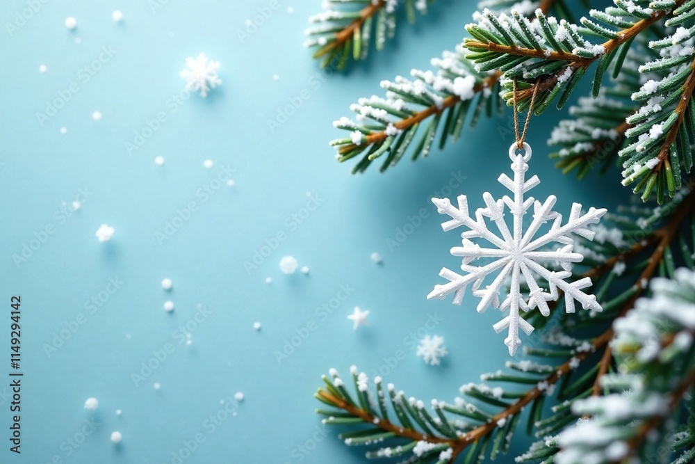Snowflake ornamentation amidst frosty pine branches against a light blue background with glittery highlights, snow-covered, glitter Snowflake ornamentation amidst frosty pine branches against a light blue background with glittery highlights, snow-covered, glitter