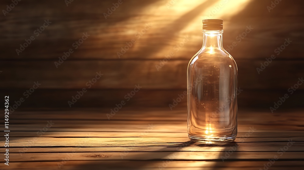 Transparent glass bottle with soft natural light on a wooden surface