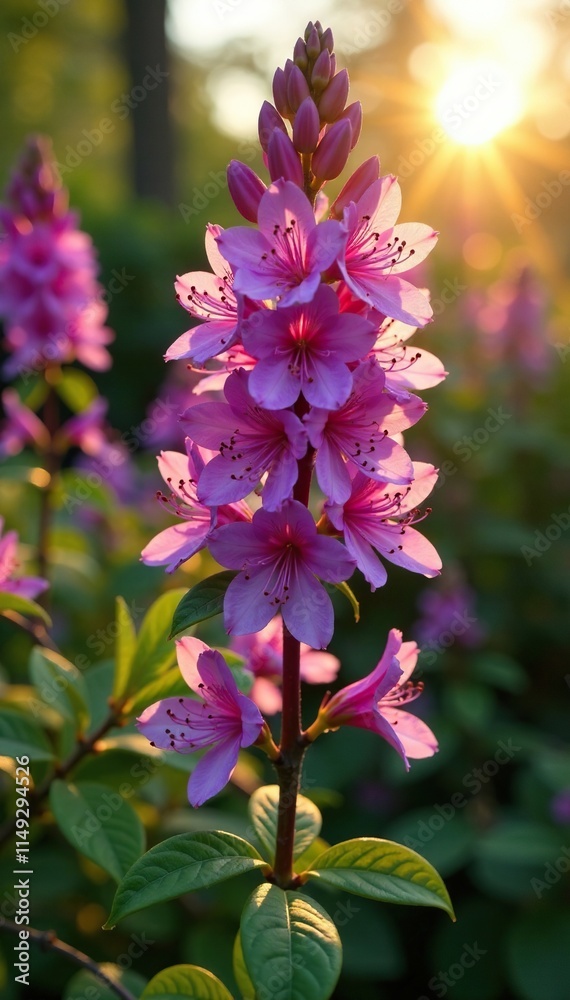 Obraz premium Tall purple rhododendron branches in warm sunlight, garden, branch