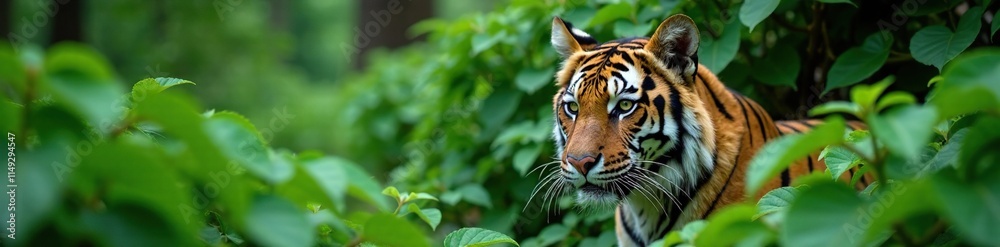 Tiger hiding behind a thick fern waiting for its next meal, terrain, forest, fern Tiger hiding behind a thick fern waiting for its next meal, terrain, forest, fern