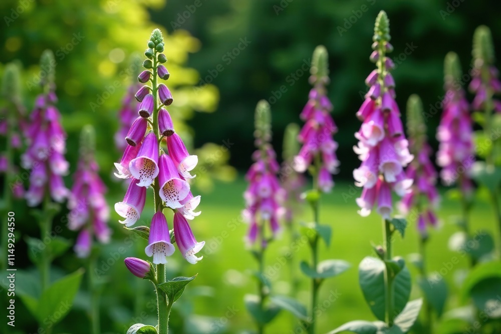 Obraz premium Tall white stems with purple foxglove flowers and green leaves in a garden, nature, garden