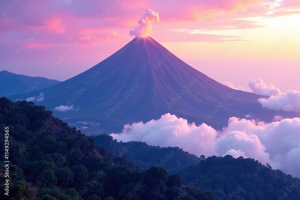 Fototapeta premium The volcano's slopes are shrouded in misty purple clouds, Foggy Foothills, Volcanoes, Distant Mountain