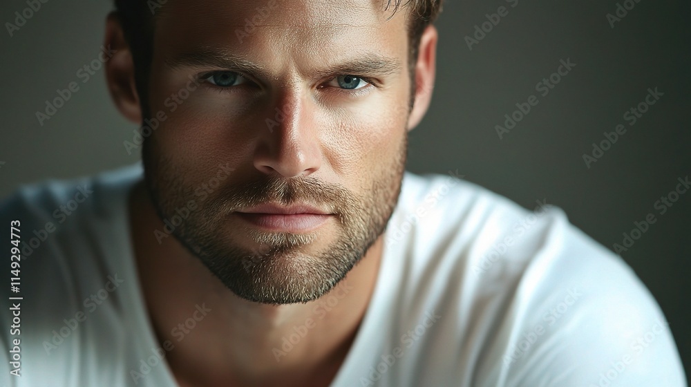 Fototapeta premium Serious Portrait of a Young Caucasian Man in Soft Lighting
