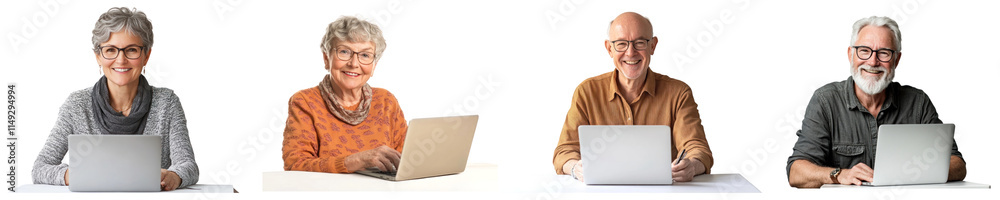 Senior people using laptop png cut out element set, transparent background Senior people using laptop png cut out element set, transparent background