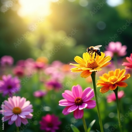 A lone bee flying over a serene and peaceful garden filled with blooming flowers, landscape photography, gardens, pollination photo