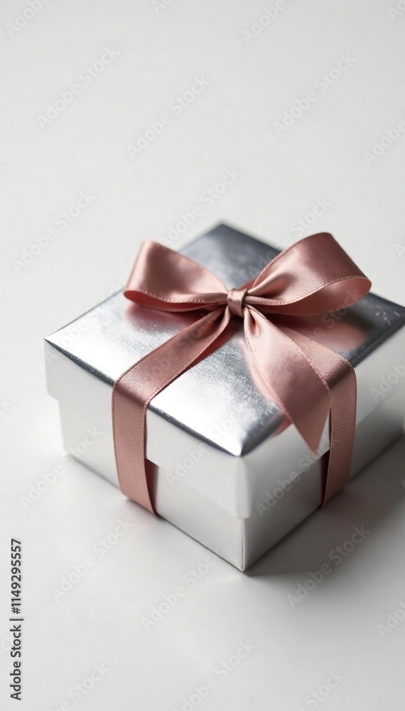 Obraz premium Chocolate gift box with silver foil wrapping and a ribbon tie on a white background, gift wrap, luxury
