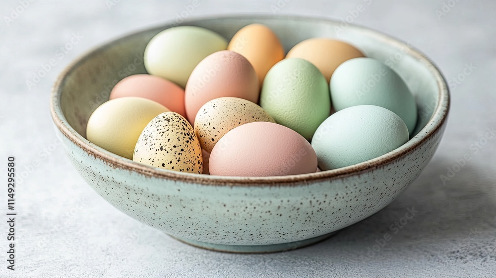 Colorful Easter Eggs in a Speckled Bowl on a Soft Background Colorful Easter Eggs in a Speckled Bowl on a Soft Background